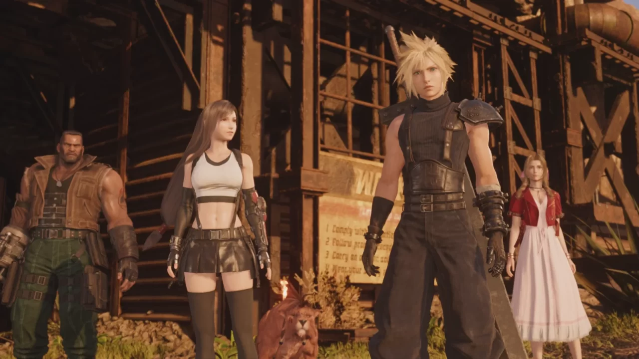 Final Fantasy VII Rebirth screenshot of Cloud, Tifa, Aerith, Red XIII, and Barret at sunset.
