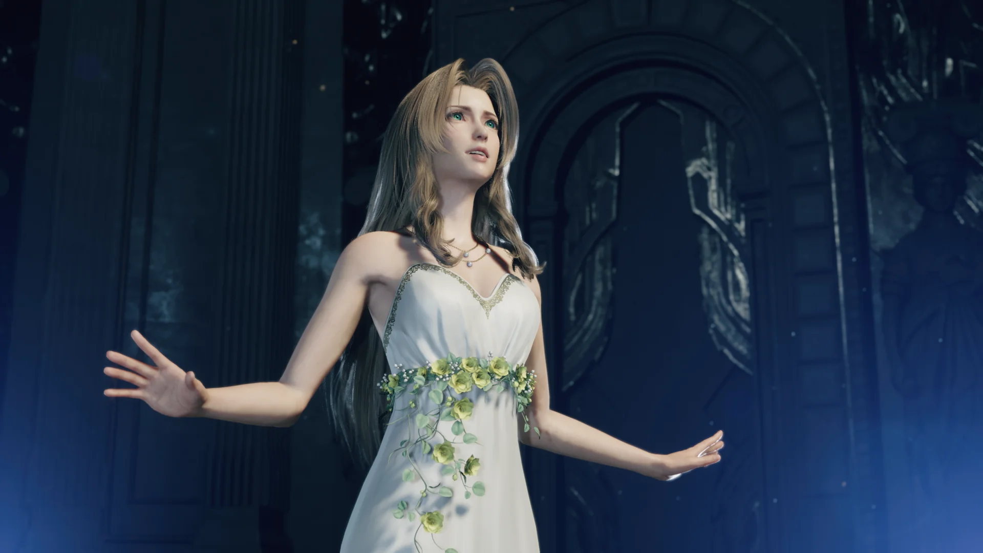A screenshot of Aerith singing in Final Fantasy VII Rebirth. She wears a white dress, with her hands outstretched.