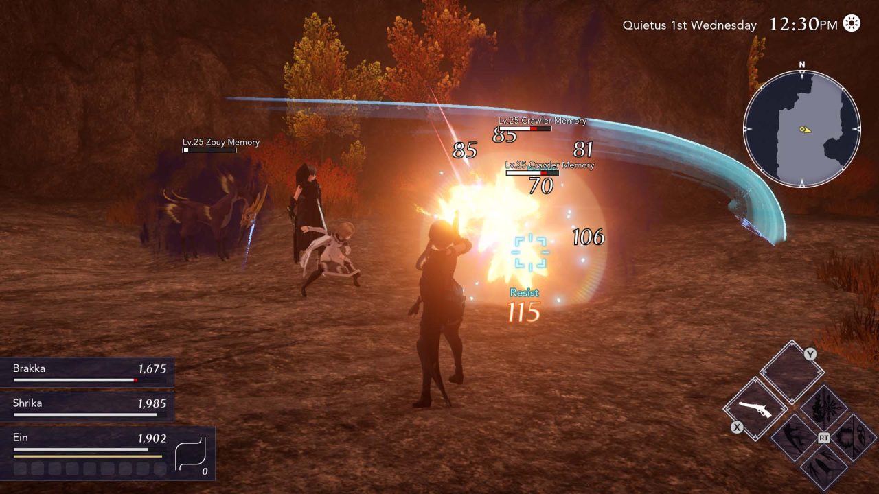 The player character in Harvestella shoots a monster called "Crawler Memory" with a gun in a bright burst of light while in a autumn-themed area. The party members Shrika and Brakka assist.