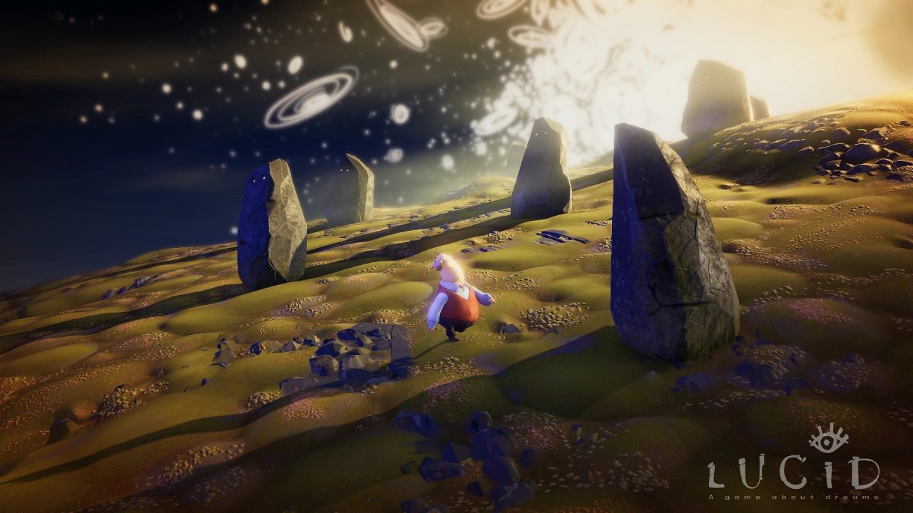 Lucid screenshot - Main character exploring a landscape with rocky monoliths. The sky is filled with glowing spirals.