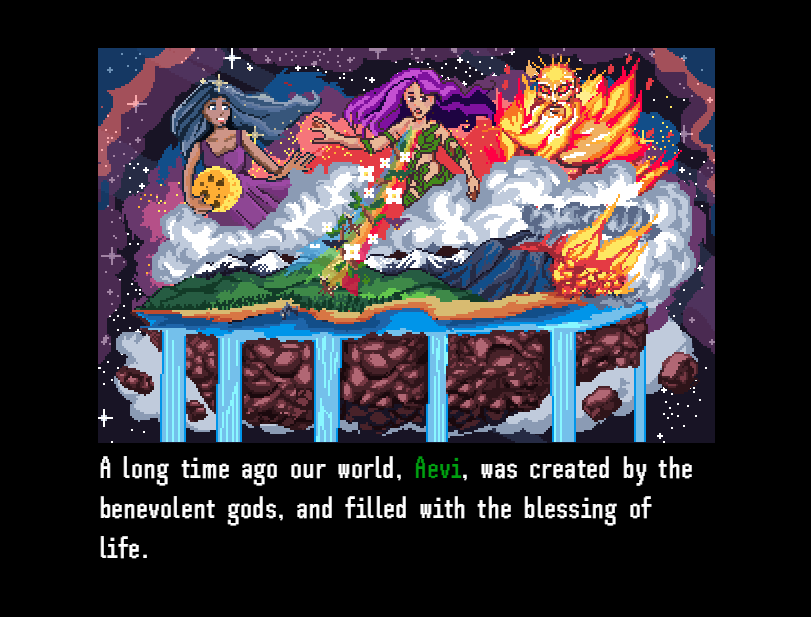 Manafinder cutscene screenshot showing three elemental gods creating the world, Aevi