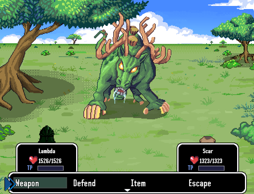 Manafinder battle screenshot of Lambda and Scar encountering a huge mutant beast with antlers