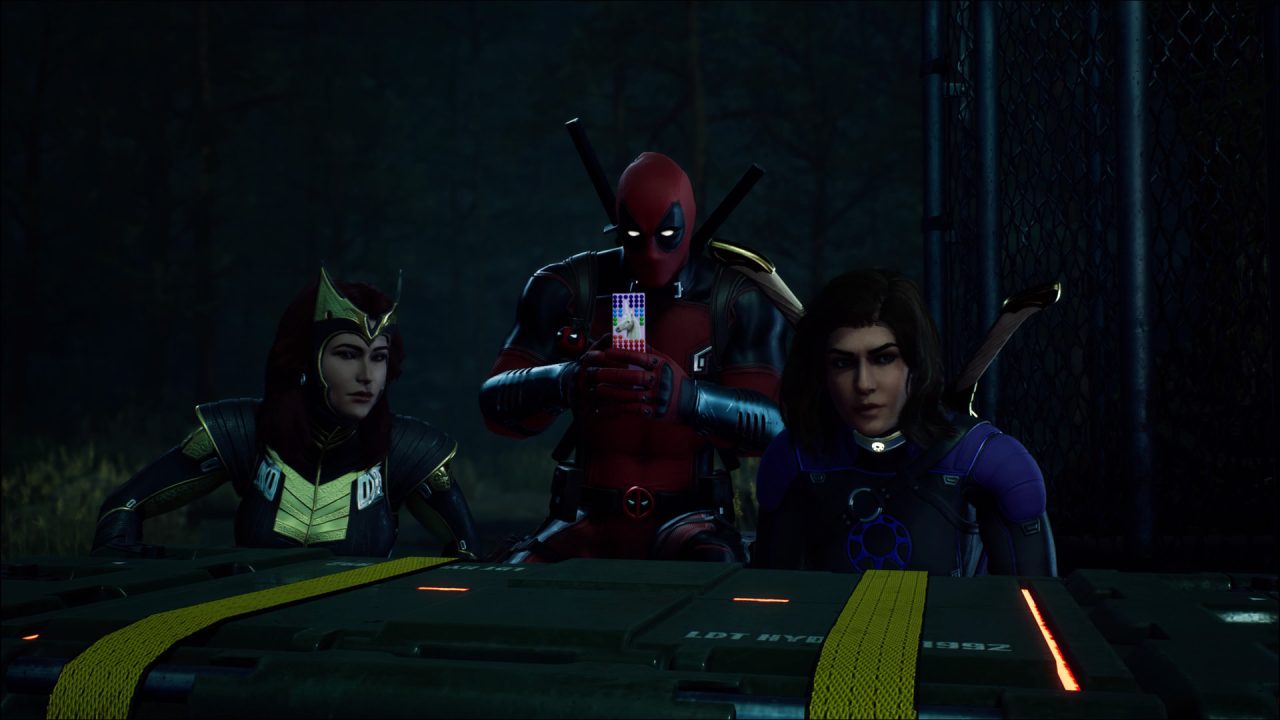 Deadpool texts someone during a cutscene in Marvel's Midnight Suns: The Good, the Bad, and the Undead.