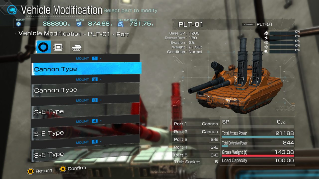A menu screen displays tank customization options for a tank in Mad Max Xeno Reborn.