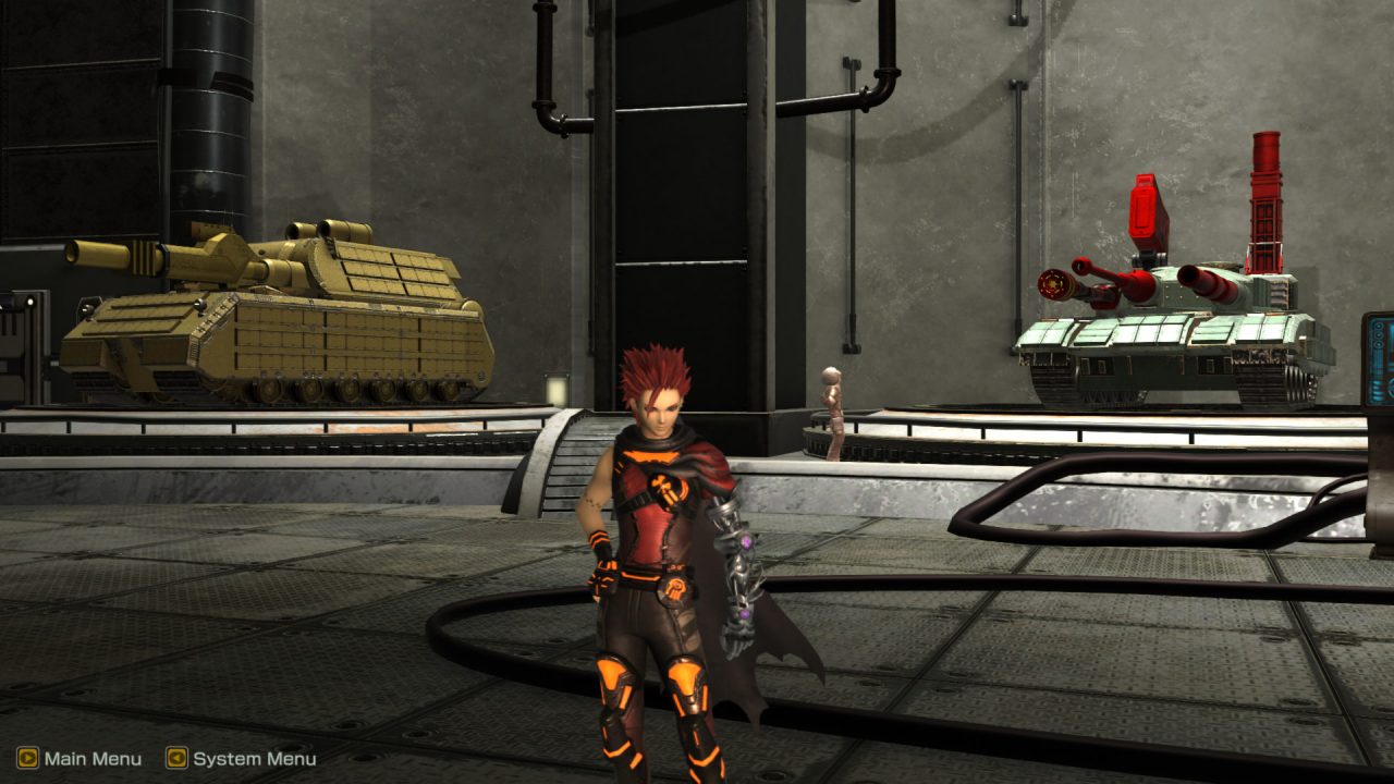 A character stands in front of some tanks in Metal Max Xeno Reborn.
