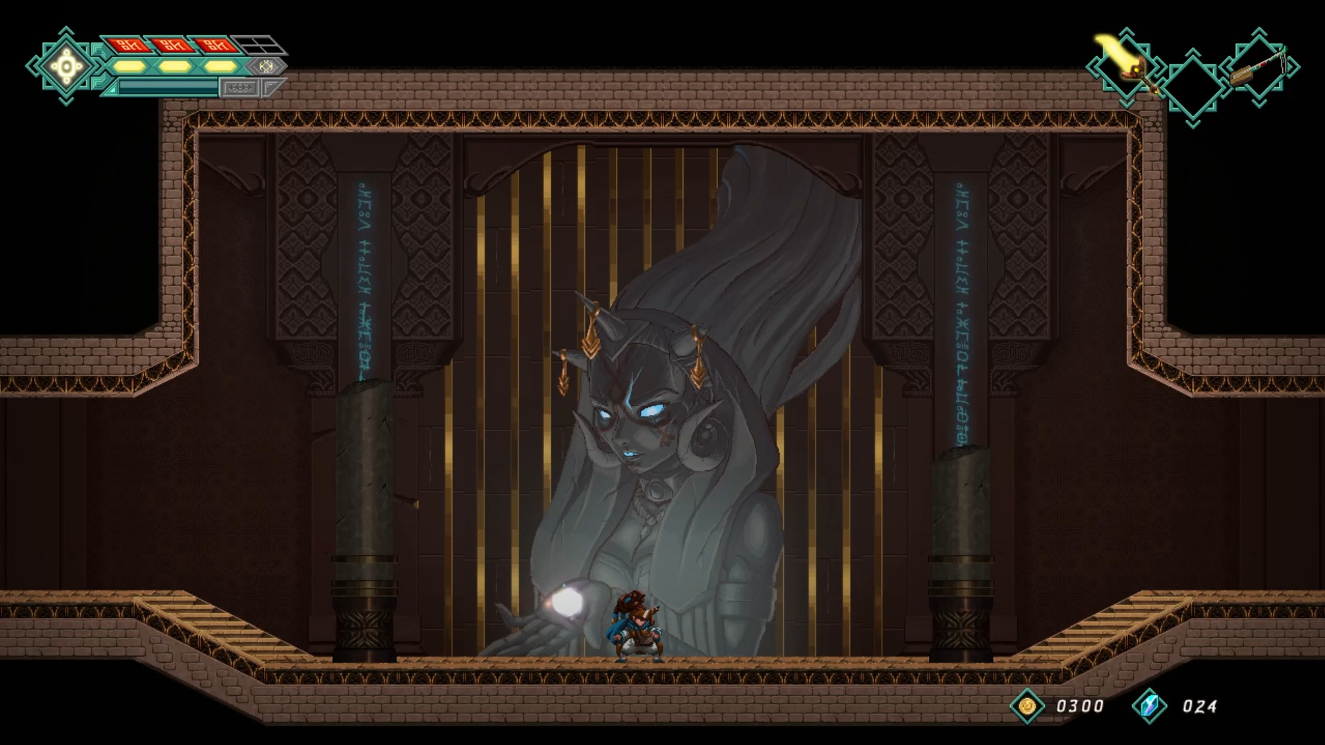 Mira and the Legend of the Djinns screenshot of a character crouched in an ancient hall in front of a massive stone statue of a woman with glowing eyes holding a glowing orb in her open hand.