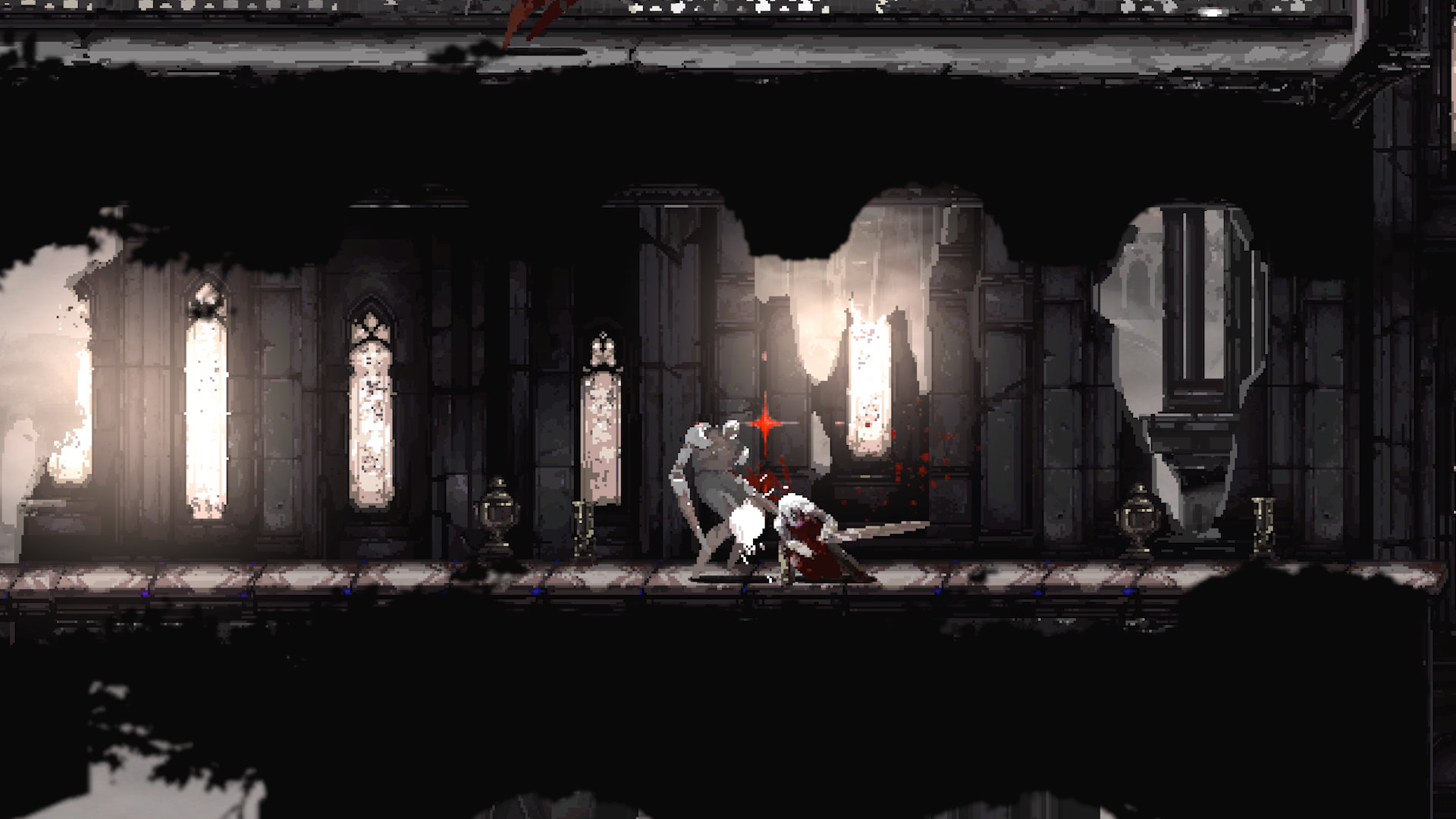 Moonscars screenshot of a crumbling monochrome castle as a warrior swings a sword at an enemy.
