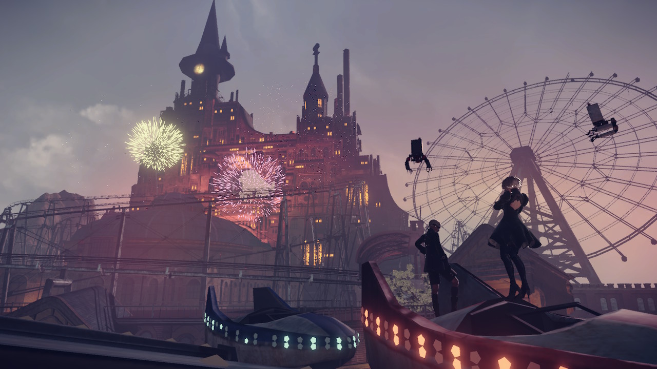 Screenshot of NieR: Automata featuring the Amusement Park level.