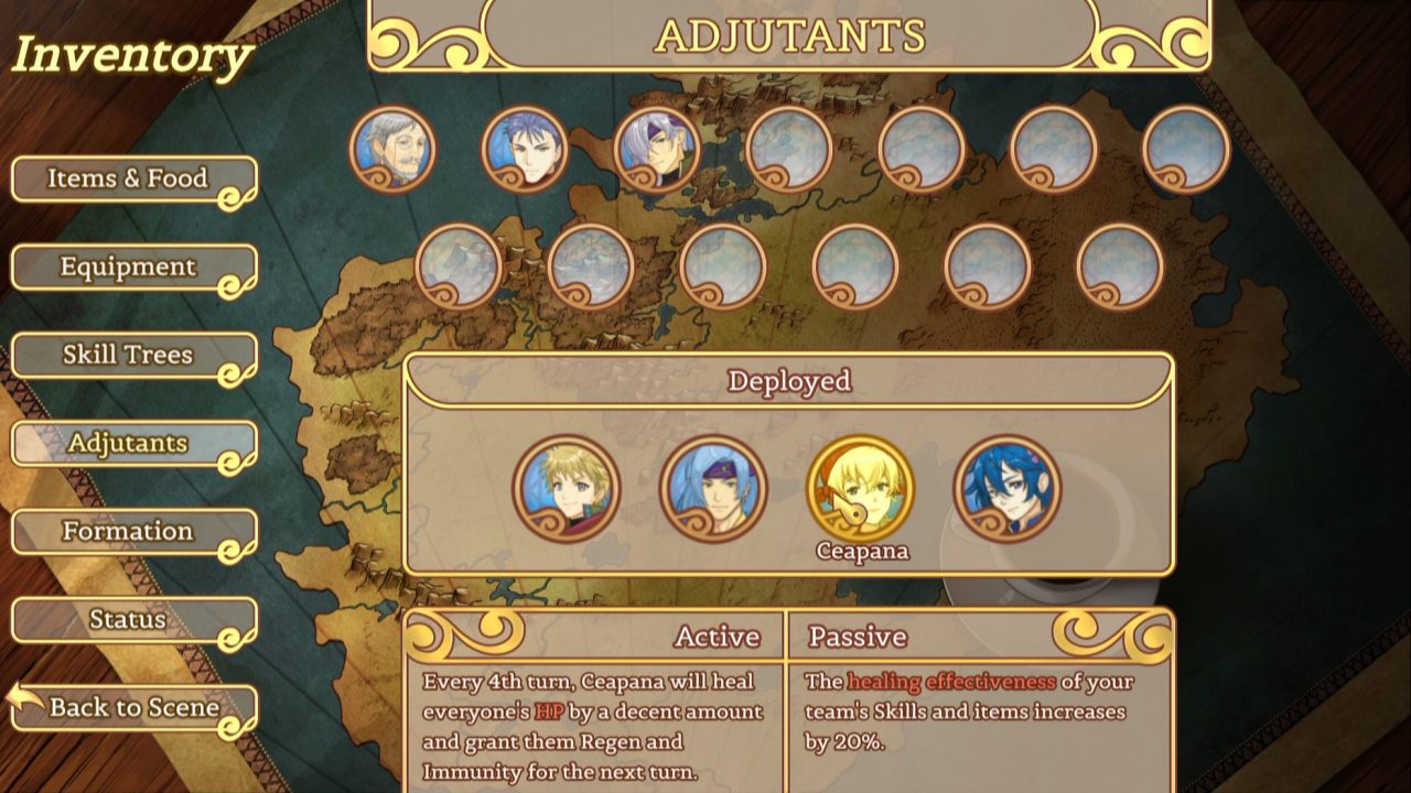 The Adjutant menu screen in Path of the Midnight Sun.