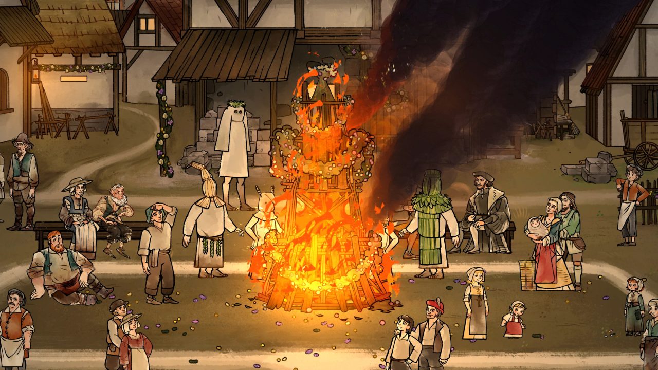Pentiment screenshot of villagers burning a pyre in the middle of town decorated with garland.