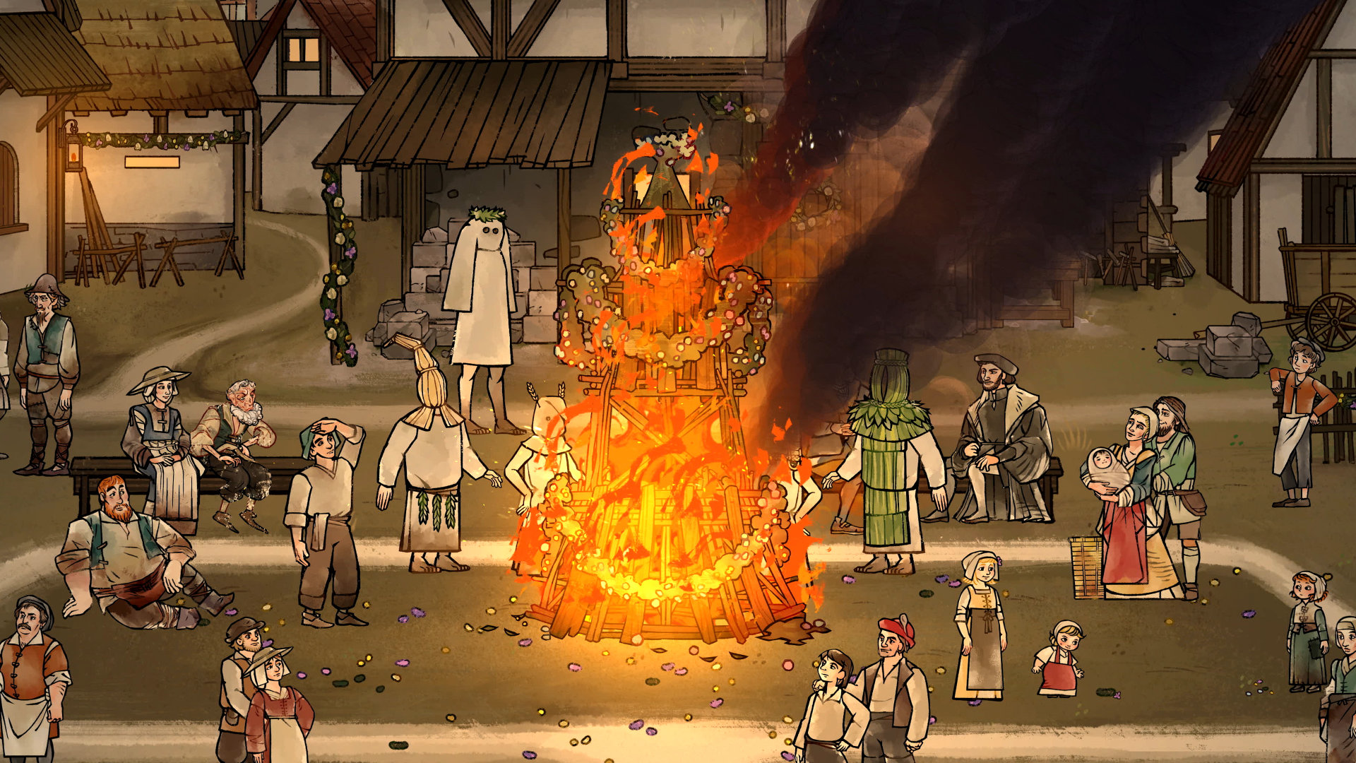 Pentiment screenshot of villagers burning a pyre in the middle of town decorated with garland.