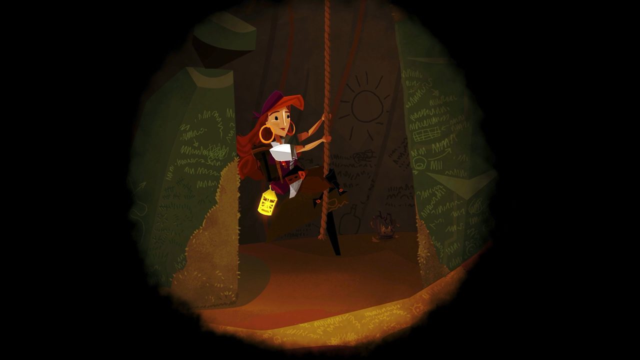 Return to Monkey Island screenshot featuring Elaine climbing a rope out of a cave.