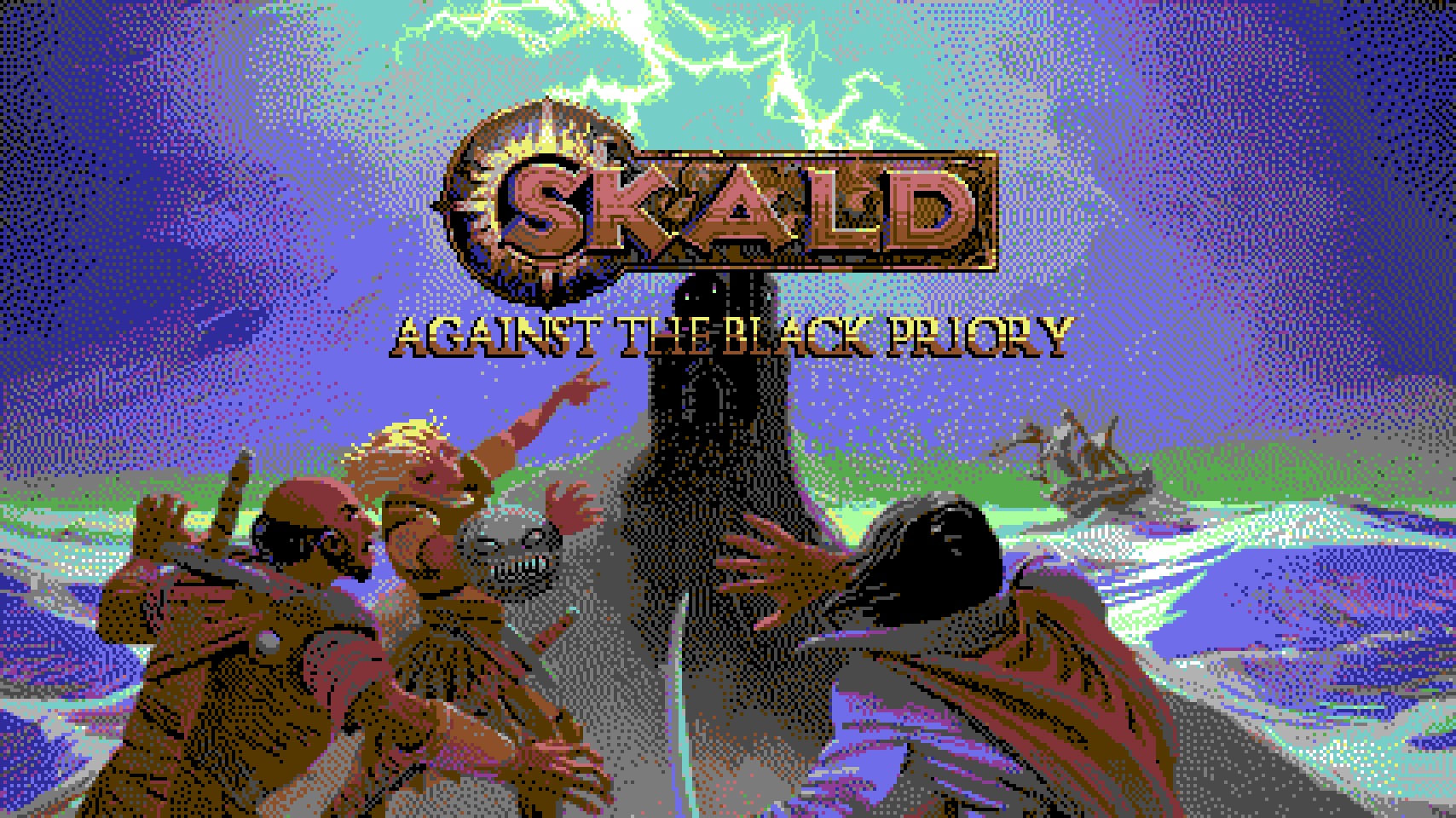 SKALD: Against the Black Priory title screenshot of three characters setting out towards a dark tower in the near distance.