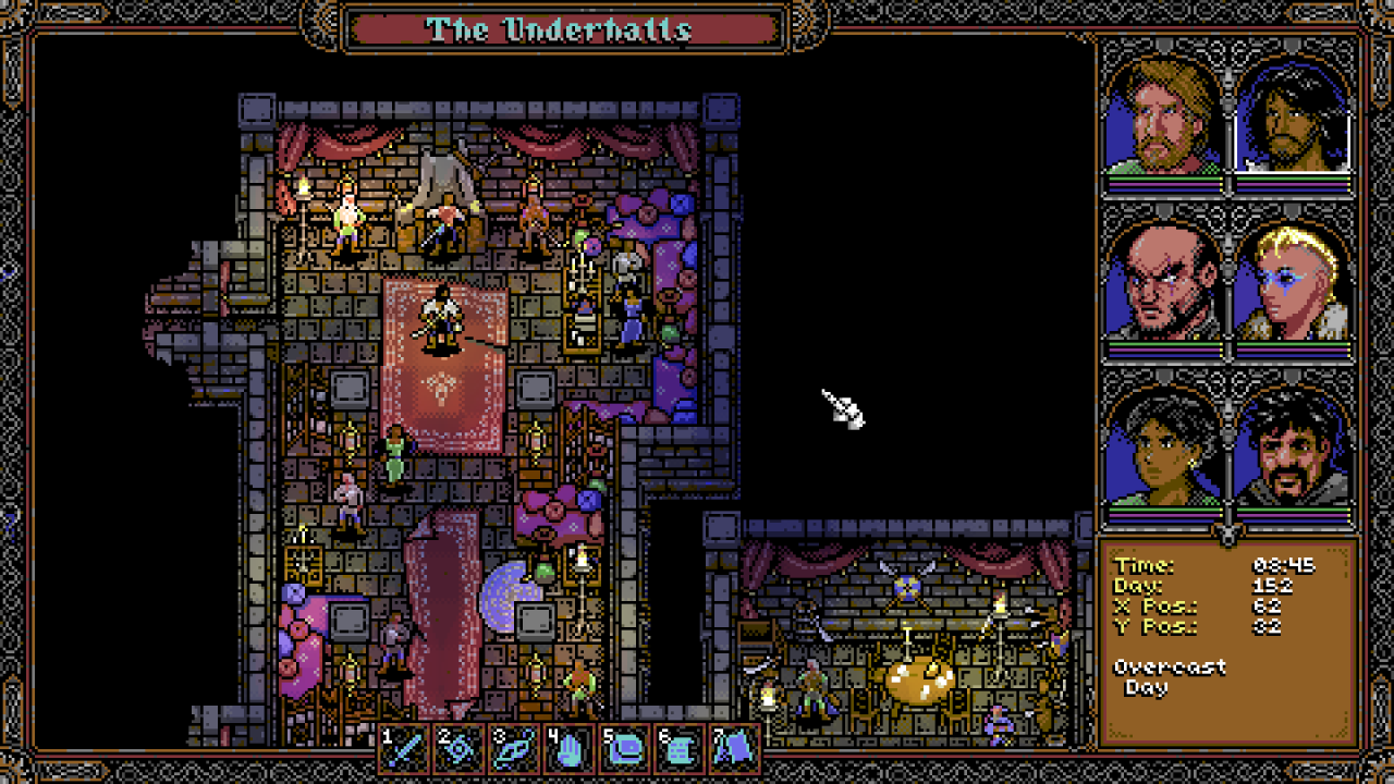 Screenshot of an underground hideaway full of people, luxurious cushions and traders.