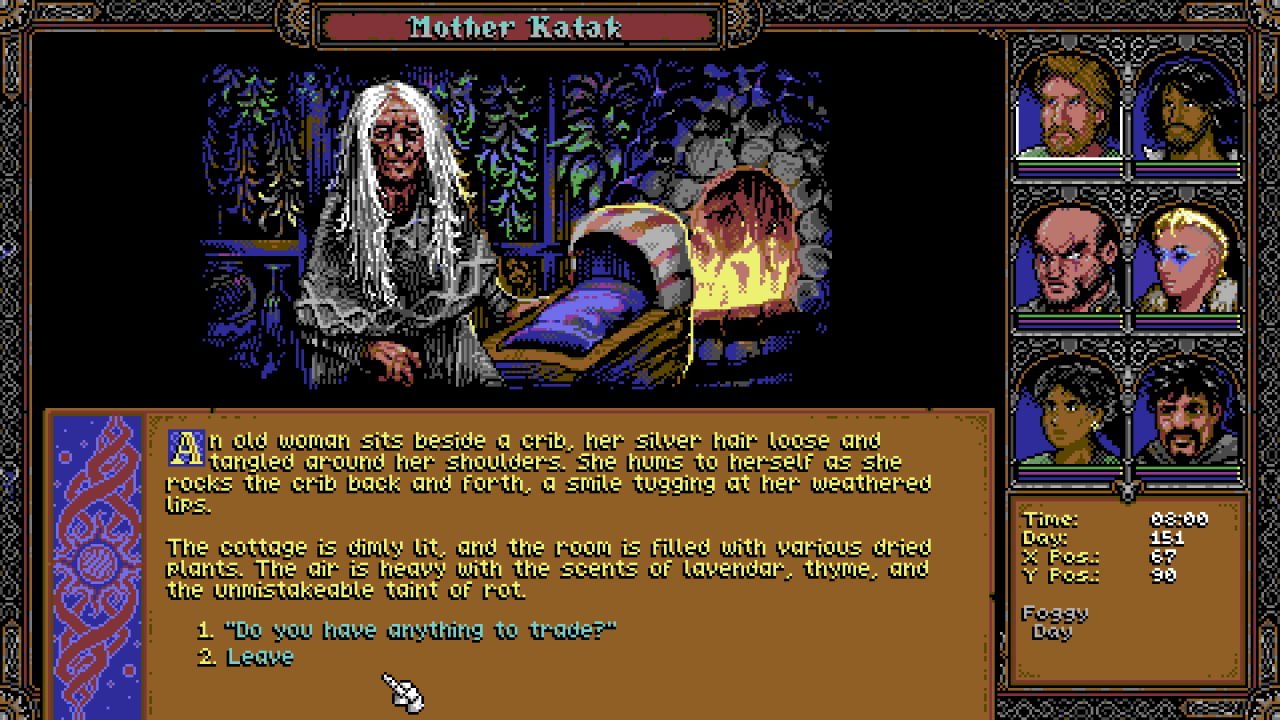 Screenshot of narrative card with old crone rocking a baby's cot.
