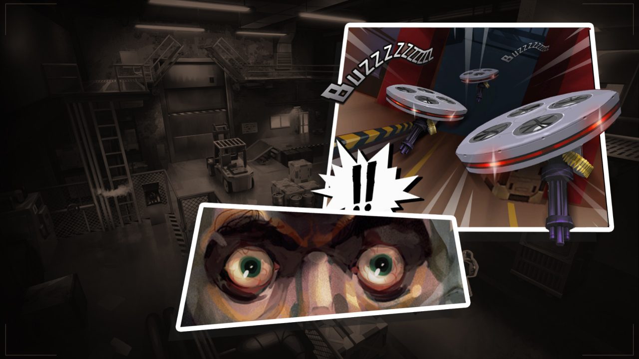 Sunday Gold screenshot of comic book inserts in a cutscene, showing Frank getting surprised by a pair of automated drones.