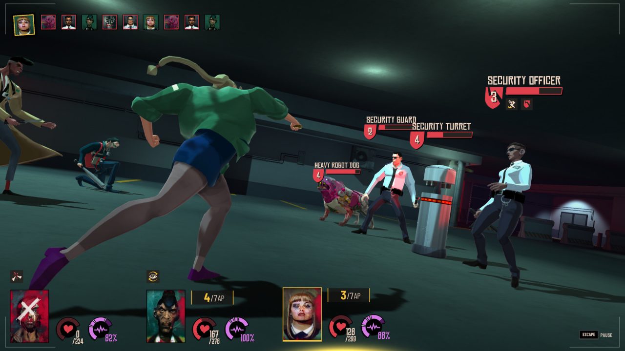 Sunday Gold screenshot of a battle, showing Sally punching a security guard in an underground garage.