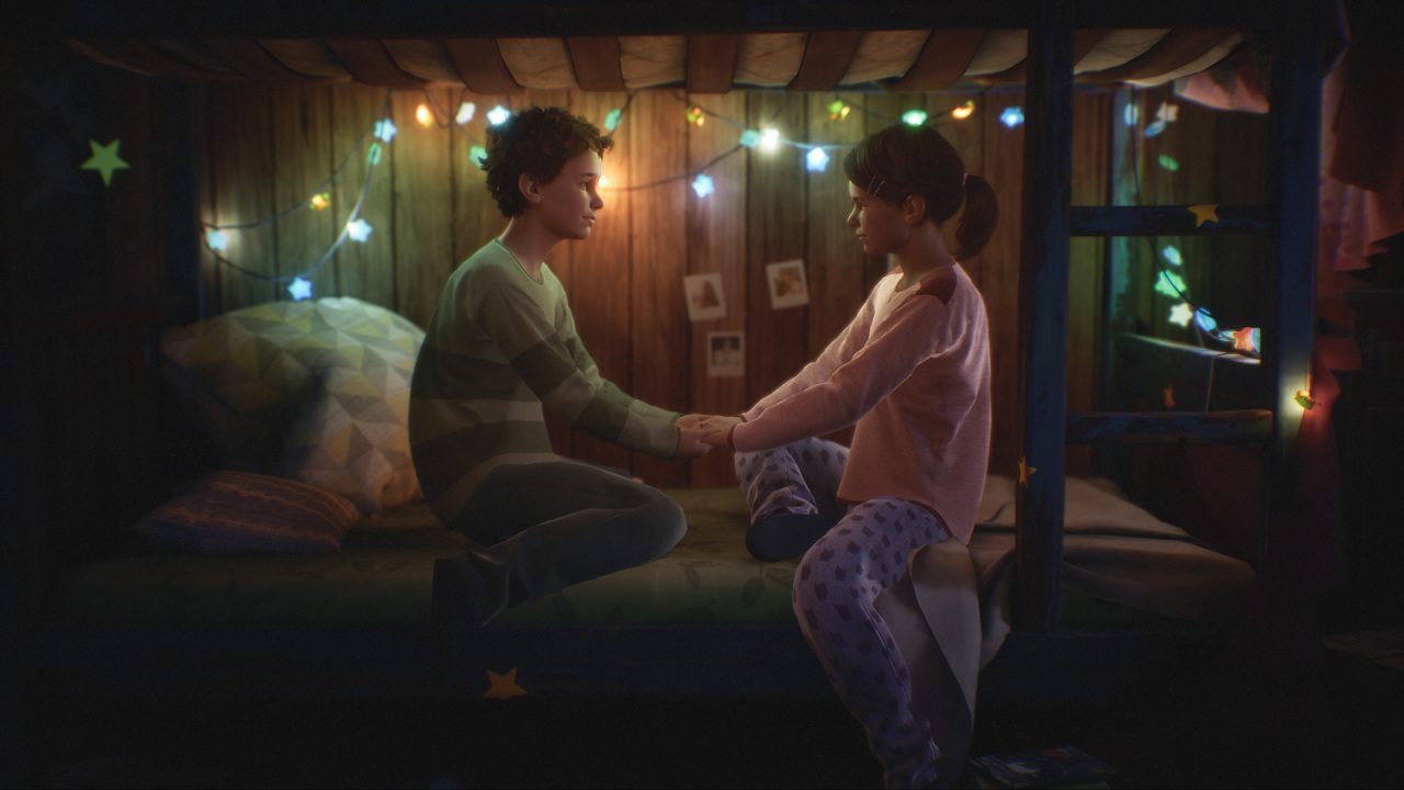 Tell Me Why screenshot of a young Tyler (left) and Alyson (right) holding hands on one of their bunk beds.