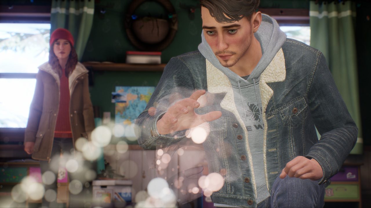 Tell Me Why screenshot of Tyler trying to touch a spectral memory while his sister, Alyson, watches from behind him.