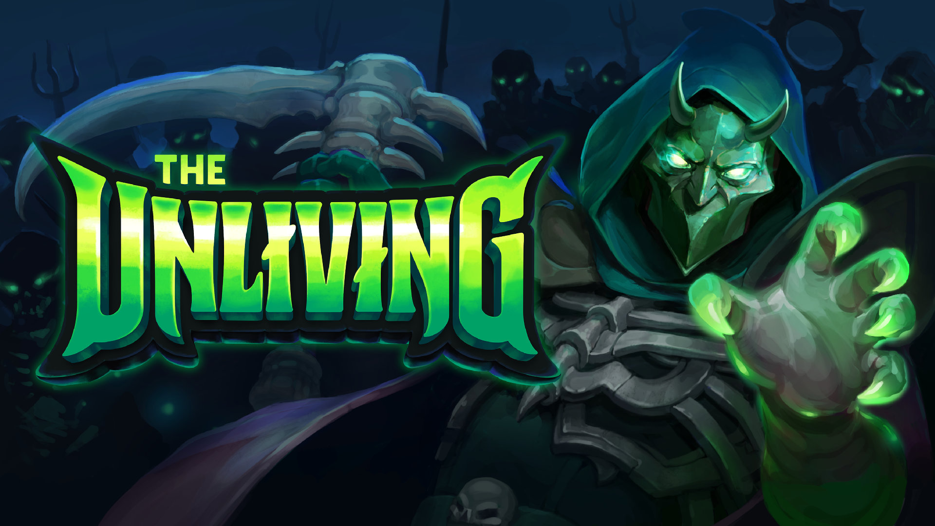 The Unliving artwork of the game's logo and a necromancer in a metal mask with glowing eyes carrying a bone scythe gesturing at the viewer with a glowing clawed hand.