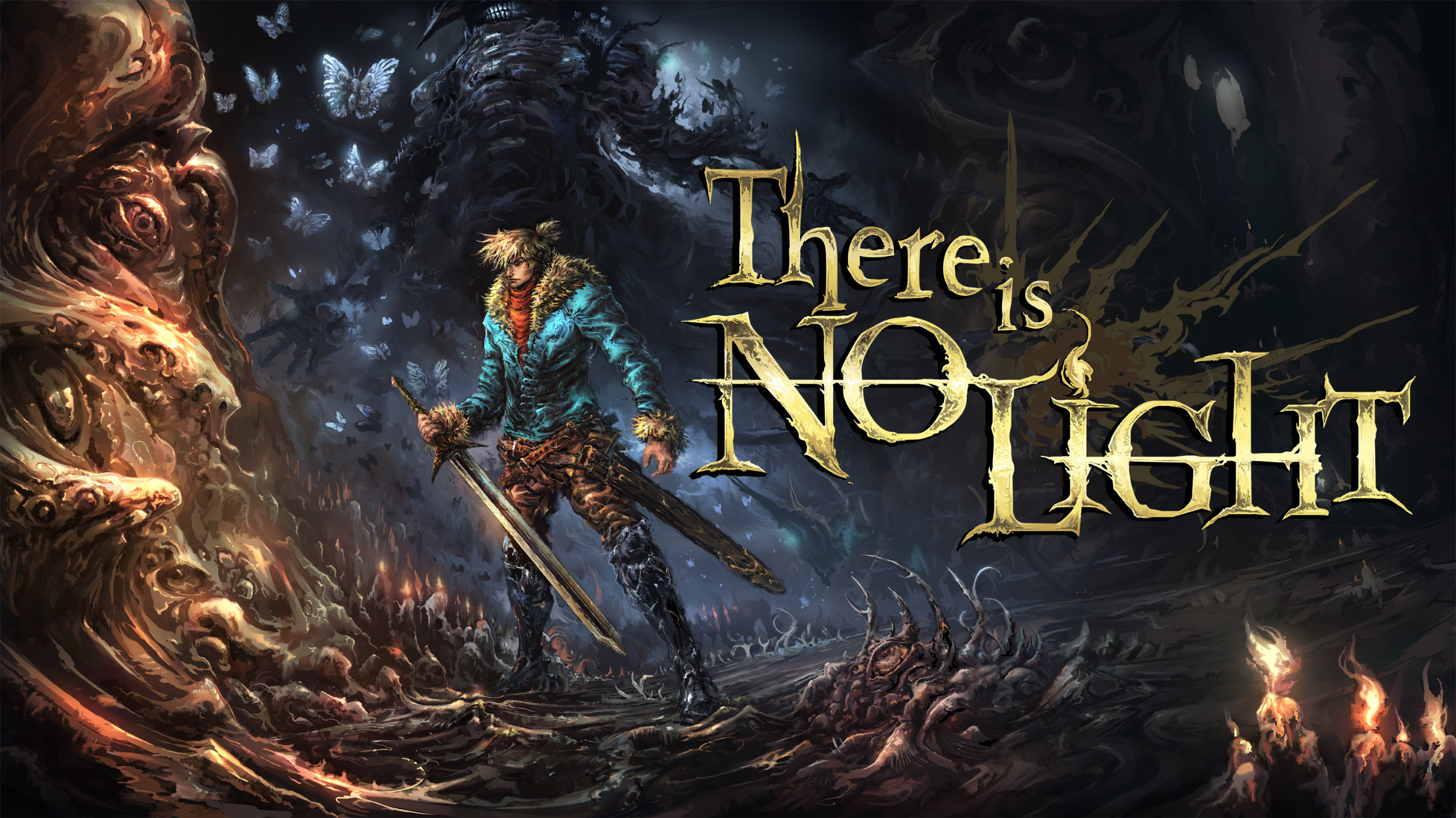 There Is No Light Artwork of a blonde male hero on leather and metal armor in an organic gothic horror cavern.
