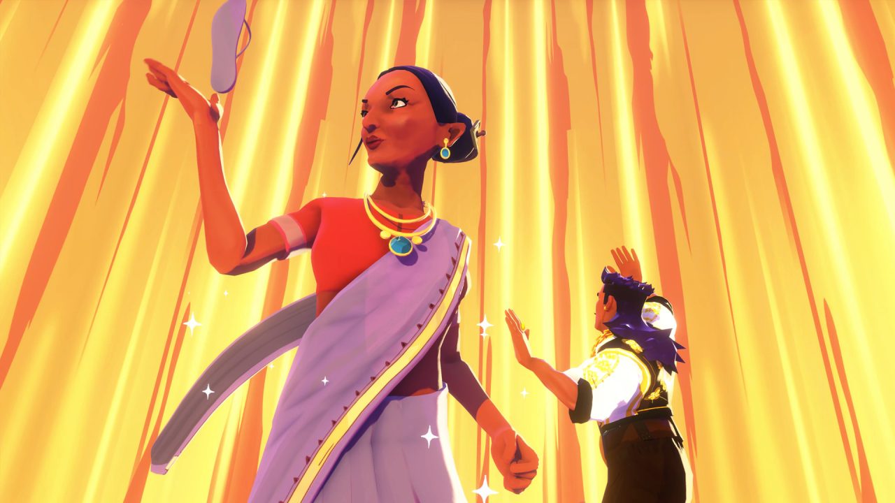 Summoning Jala's mom in Thirsty Suitors. A sandal-type shoe hovers in the air above her right hand.