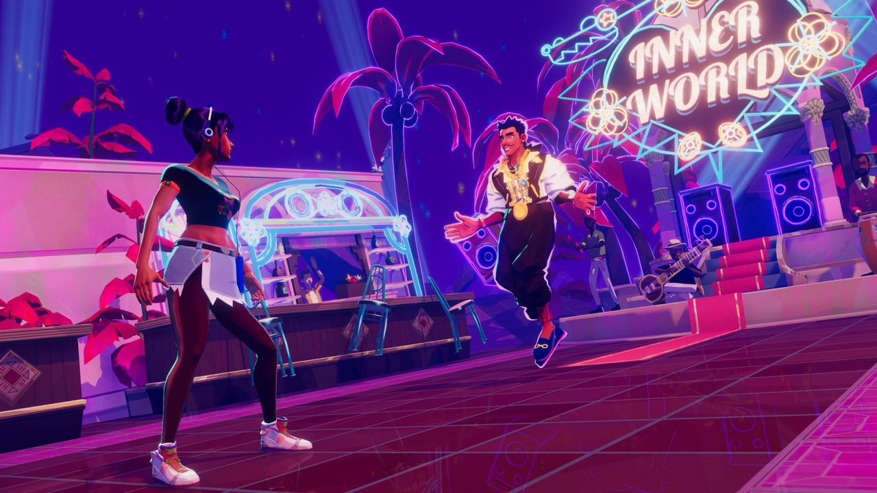 Sergio's inner world in Thirsty Suitors with a large neon sign behind him that says "INNER WORLD".