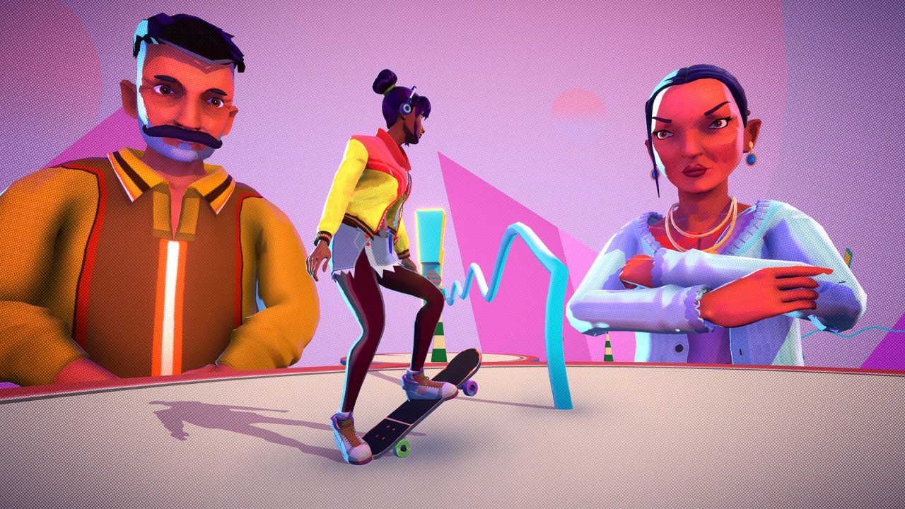 Jala and her parents in Thirsty Suitors, with her parents as large figures in the background as Jala readies herself to skateboard. 