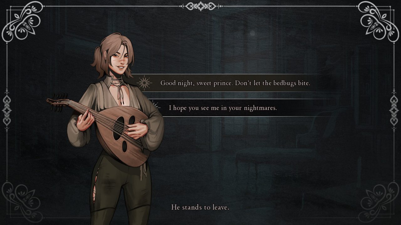 A dialogue choice screenshot from Ballads at Midnight, letting you choose how to say goodnight.
