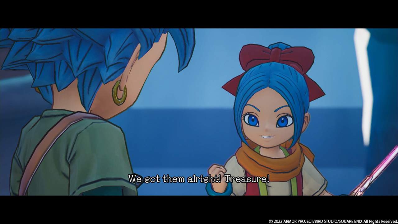 Mia excitedly tells Erik about a treasure in Dragon Quest Treasures