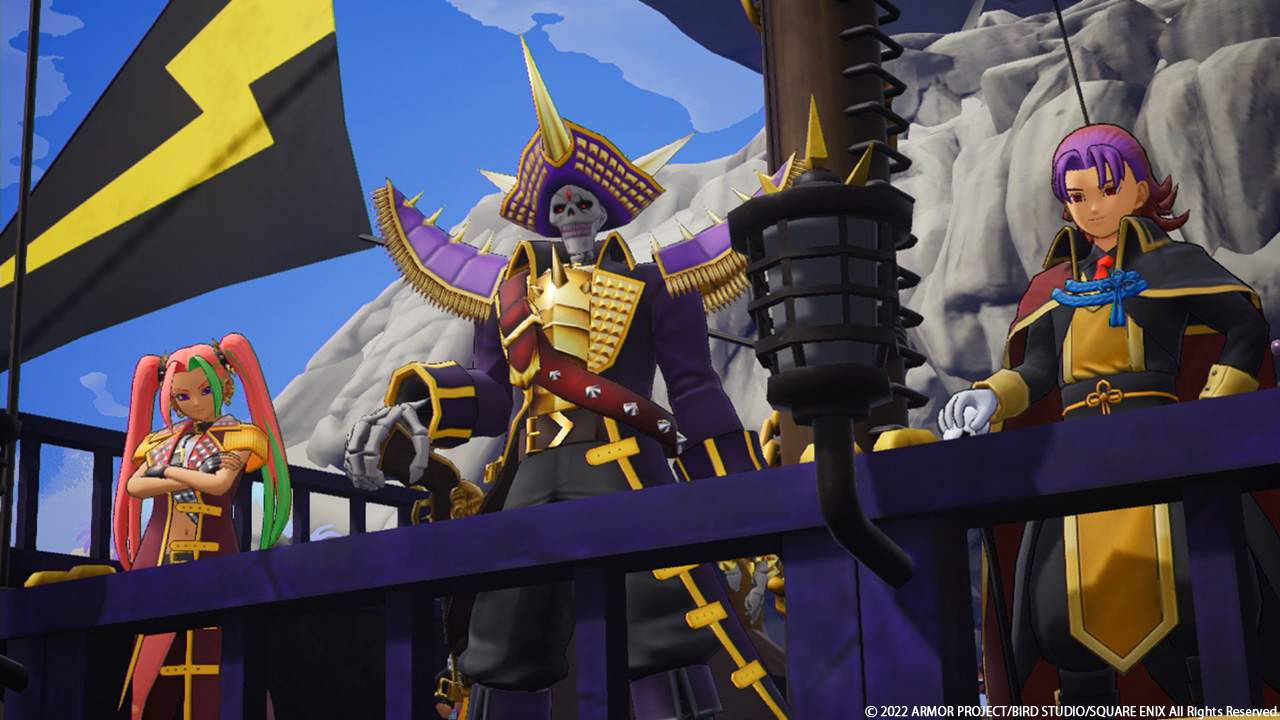 A skeleton pirate and his crew standing on their pirate ship.