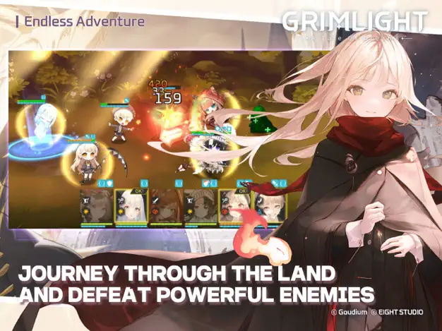 Grimlight screenshot of a battle with cute characters, captioned Endless Adventure, Journey through the land and defeat powerful enemies.