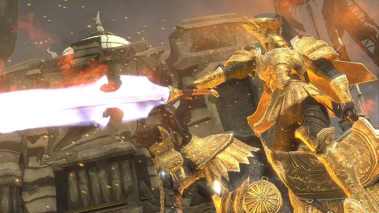 Screenshot of a large golden knight boss in Lost Odyssey.