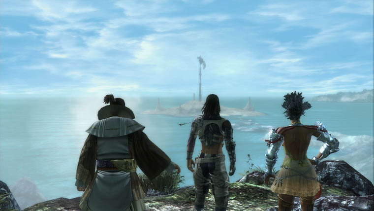A Screenshot From Lost Odyssey Featuring Jansen, Kaim, and Seth Looking Over At Grand Staff From Atop A Cliff.