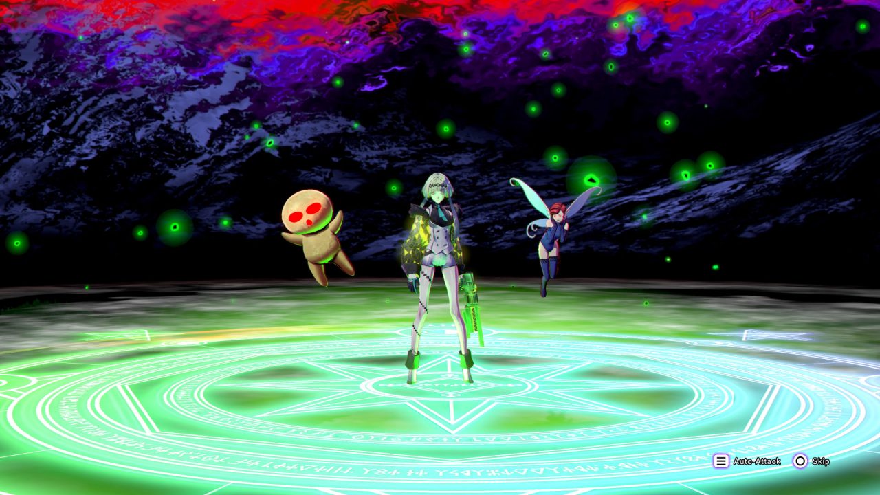 A green-haired woman and two creatures (a small faerie and a clay doll with red eyes) stand at the centre of a glowing runic circle in Soul Hackers 2.