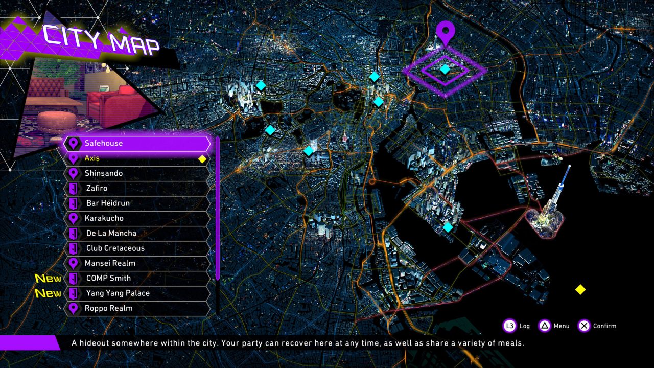 A lit up map of a city in Soul Hackers 2. The display reads City Map and lists several locations the player can go to. Highlight is the Safehouse which reveals the text &quot;A hideout somewhere within the city. Your party can recover here at any time, as well as share a variety of meals.&quot;