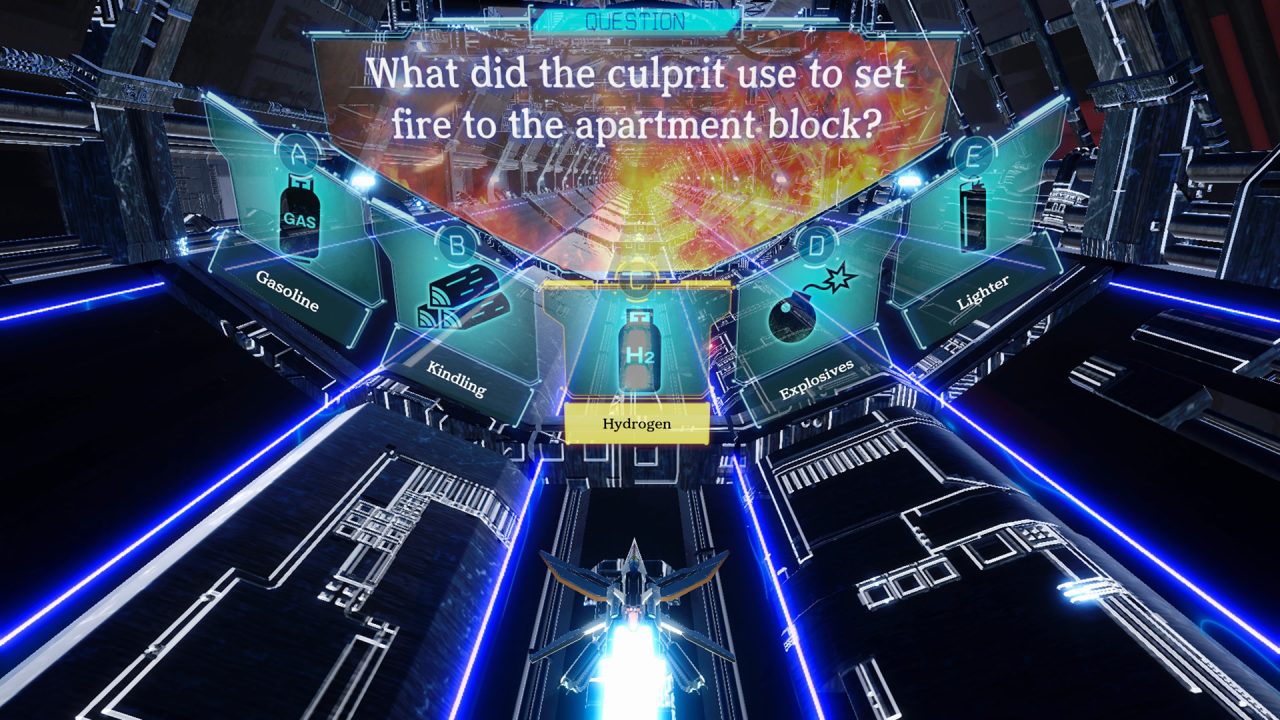 Yurukill: The Calumniation Games Screenshot of a spaceship mode used to choose the answer to the question, What did the culprit use to set fire to the apartment block?