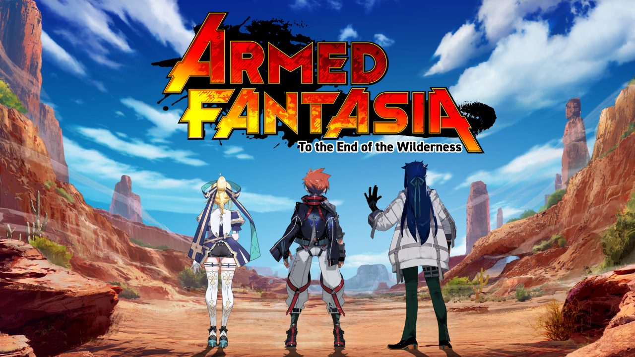 Armed Fantasia Artwork of the three protagonists looking out on a vast rocky desert landscape under the game's logo.