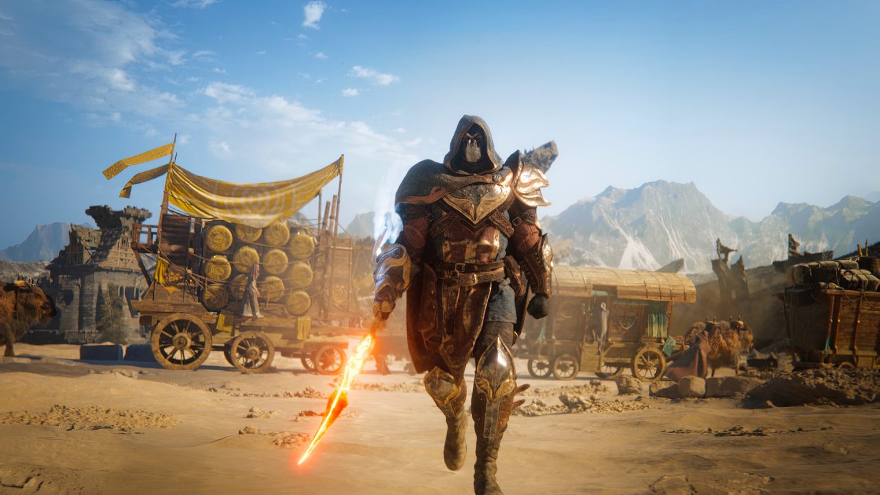 Atlas Fallen screenshot of an intimidating warrior in shining armor, hood and cloak wielding a flaming sword in a dusty western town