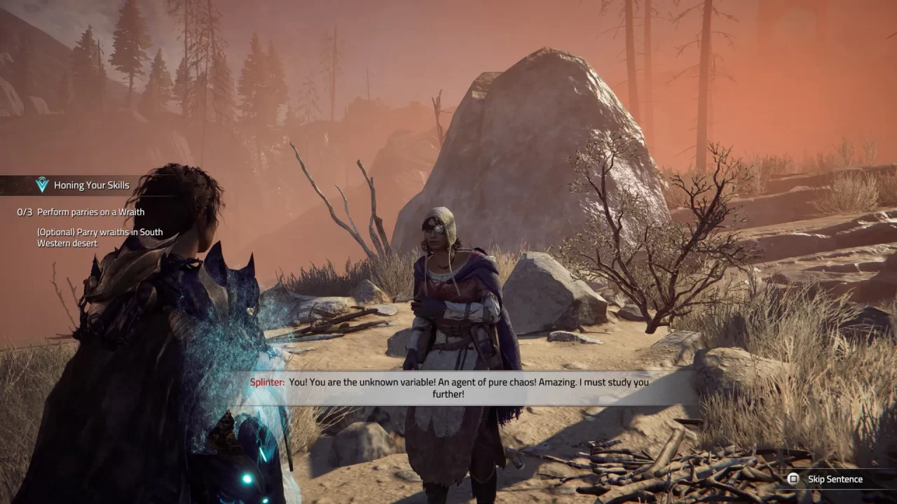 Splinter talking with the Gauntlet Bearer in Atlas Fallen in a rocky, sparsely forested area.