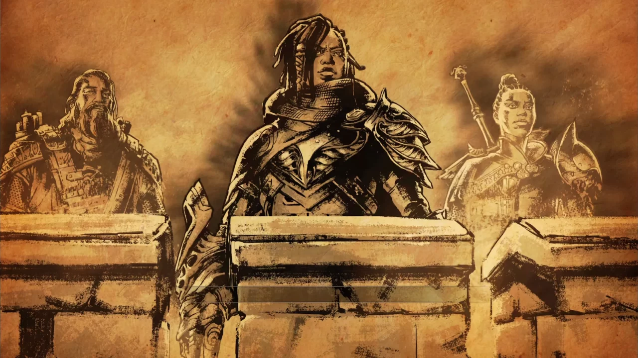 The Knights of Bastengar in a sketchbook or comicbook-like style in one of Atlas Fallen's cutscenes.