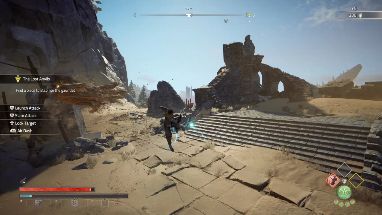 A combat screenshot from Atlas Fallen. The player fights in some desert ruins.