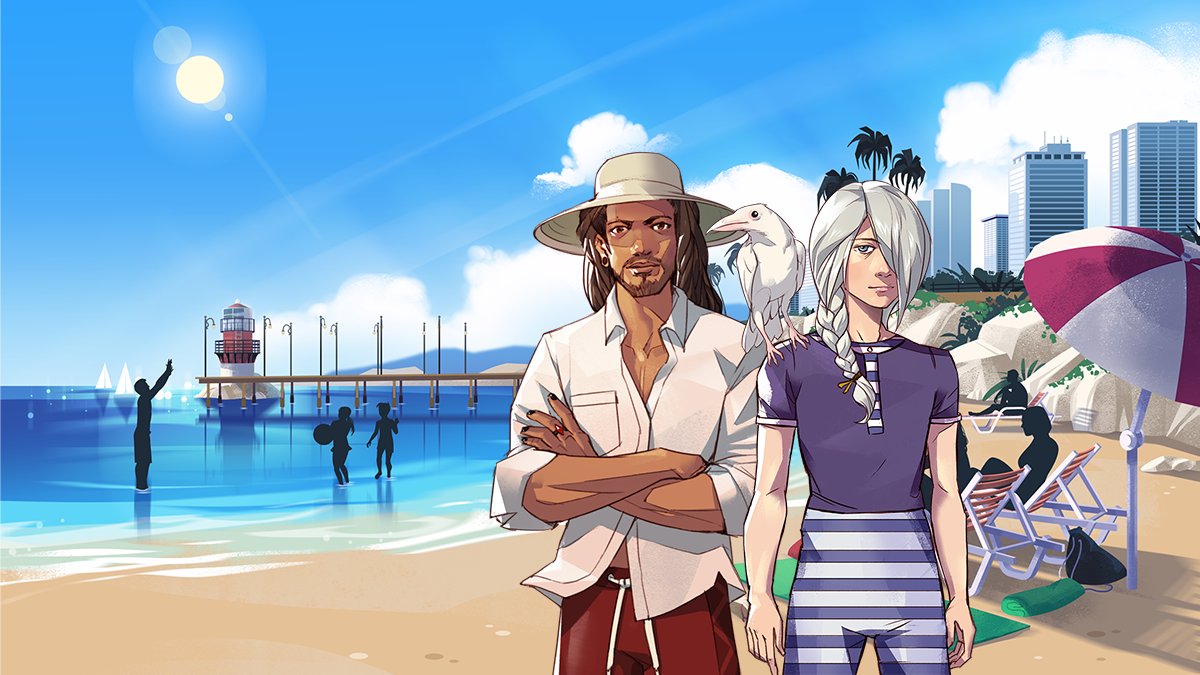 A screenshot with two characters on Verona Beach in Boyfriend Dungeon