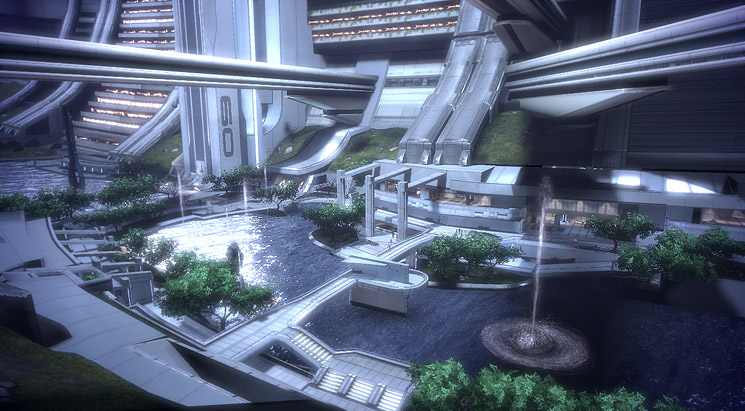 A wide shot of Mass Effect 3's Citadel, a futuristic park-like setting of water and trees in a metal residential area