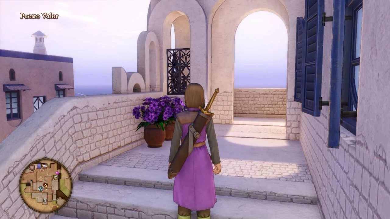 A screenshot of the Dragon Quest XI hero exploring in Puerto Valor