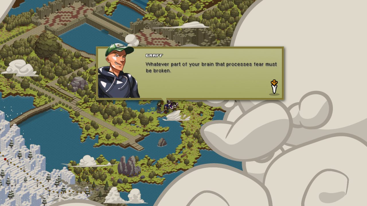 Graff speaking on the world map in Far Away From Home.