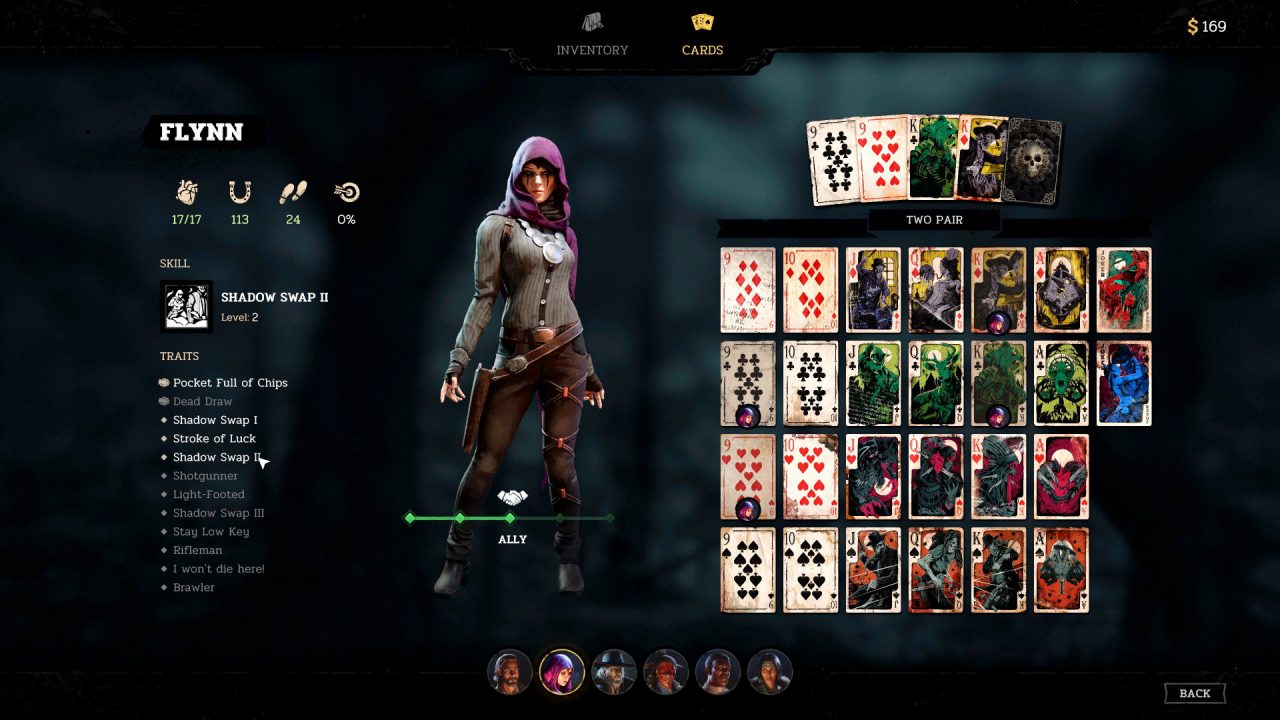 Cardplay skill unlocks in Hard West 2 with two pair displayed as the player's hand on the grid for a skill called "Shadow Swap II".