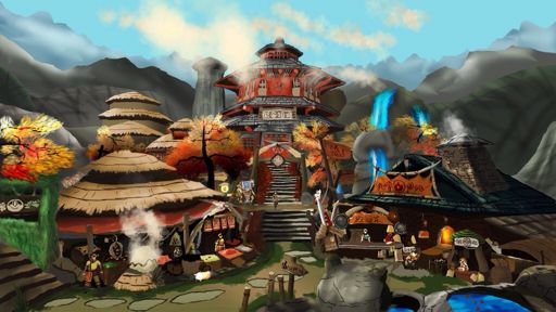 Monster Hunter Generations screenshot of Yukumo Village, with thatched roof round and square buildings nestled in the mountains