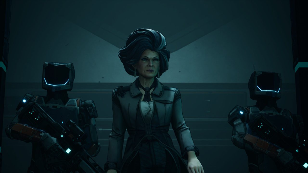 Antagonist Susan looks on disdainfully, flanked by armored and armed guards. They are in a dimly lit corporate facility.
