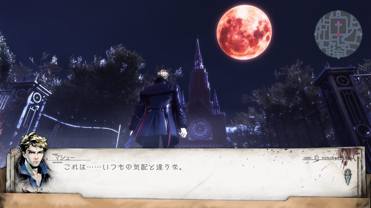 Penny Blood screenshot of a man clad in a dark coat looking a blood red moon over a gothic cathedral.